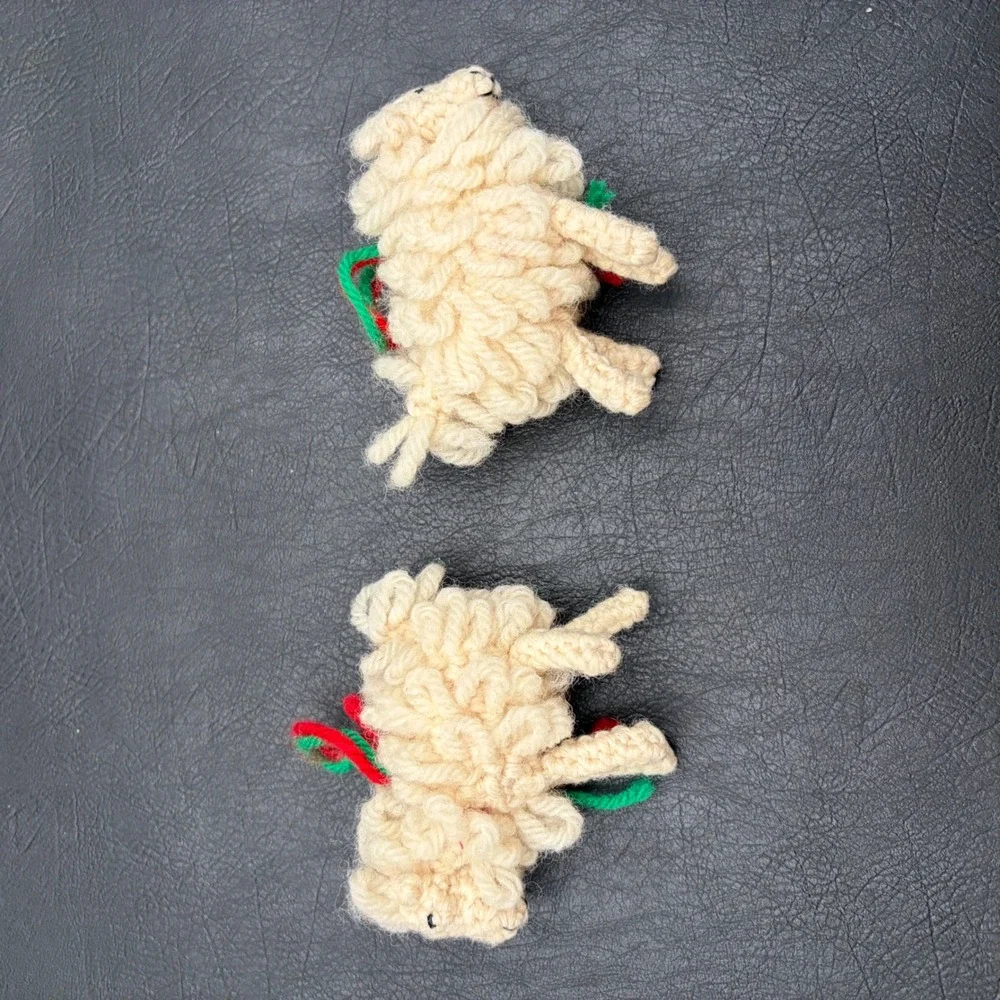 Vintage Handmade Crochet Sheep Ornaments Set of 2 Cream Lamb Christmas Decor 4